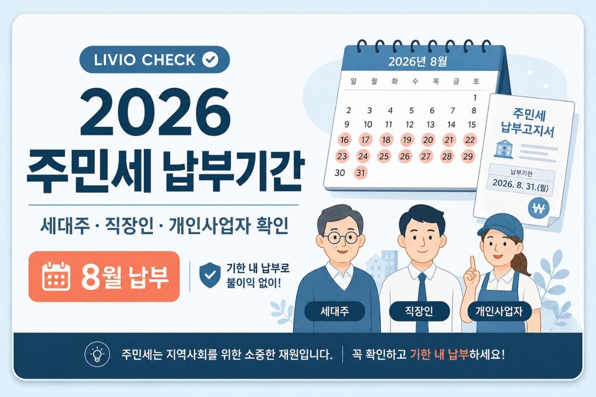2026 주민세 개인분·사업소분 납부기간과 과세기준일, 세대주·직장인·개인사업자 확인 대상, 위택스 조회 방법을 정리한 인포그래픽