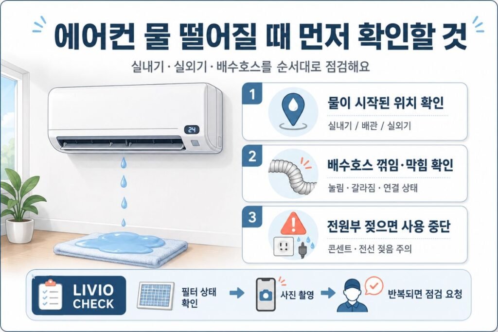 에어컨 물 떨어짐 발생 시 실내기·실외기 위치와 배수호스 꺾임·막힘, 전원부 젖음 여부를 확인하는 점검 순서