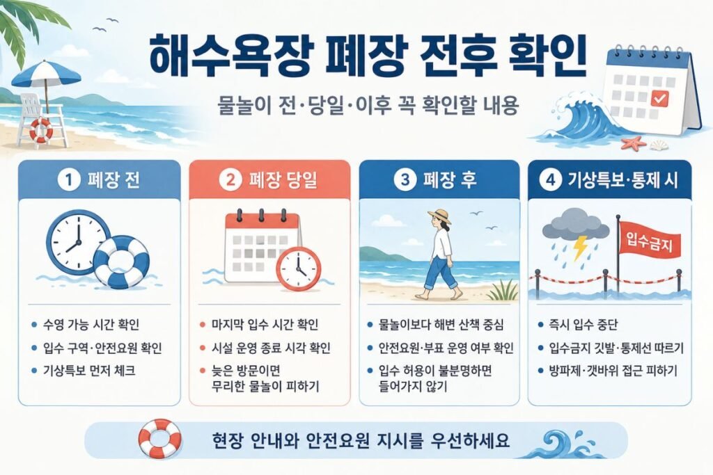2026 해수욕장 폐장 전·당일·폐장 후 물놀이 안전수칙과 기상특보·입수 통제 시 행동을 정리한 안내 이미지