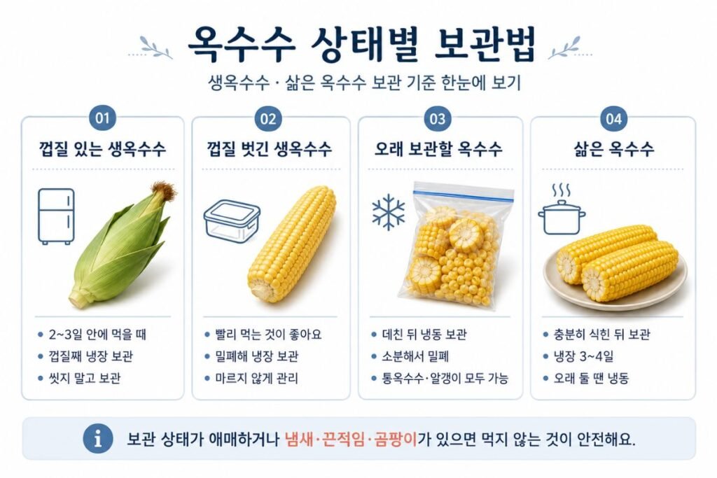 껍질 있는 생옥수수와 껍질 벗긴 옥수수, 삶은 옥수수의 냉장·냉동 보관법 비교 안내