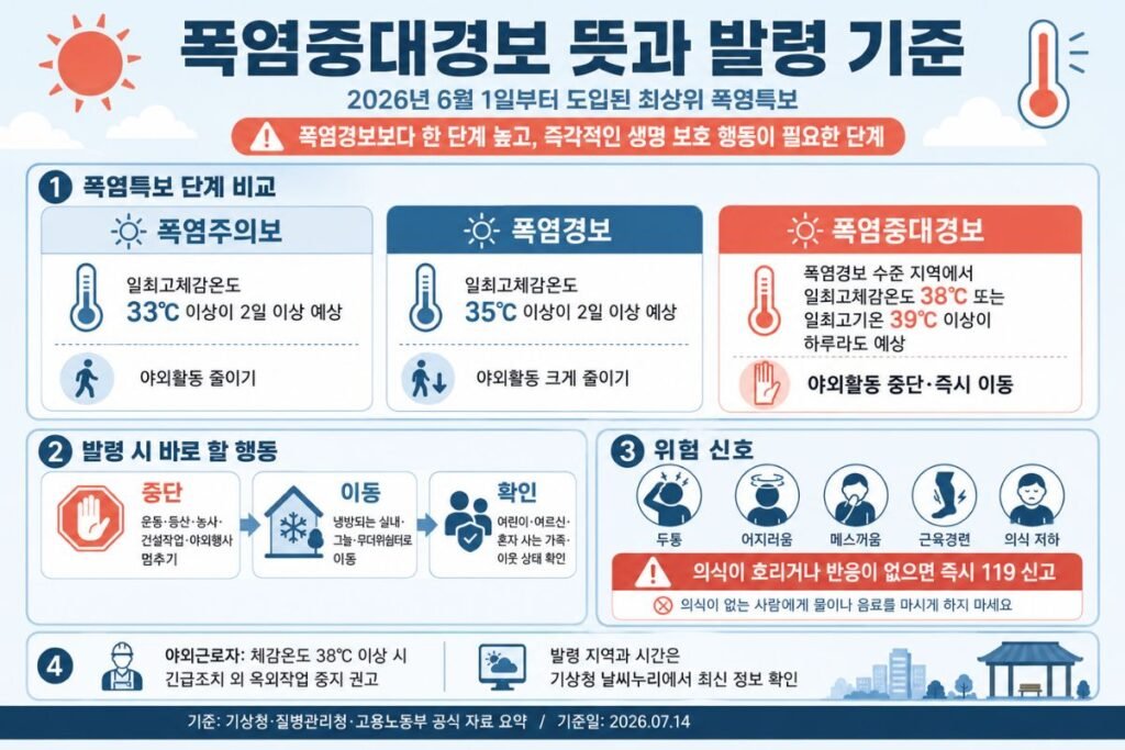 폭염중대경보 뜻과 발령 기준, 폭염경보 차이와 상황별 행동요령 안내
