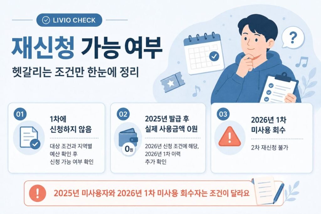 2026 청년문화예술패스 2차 신청 재신청 가능 여부와 1차 이용 이력별 신청 판단을 정리한 인포그래픽