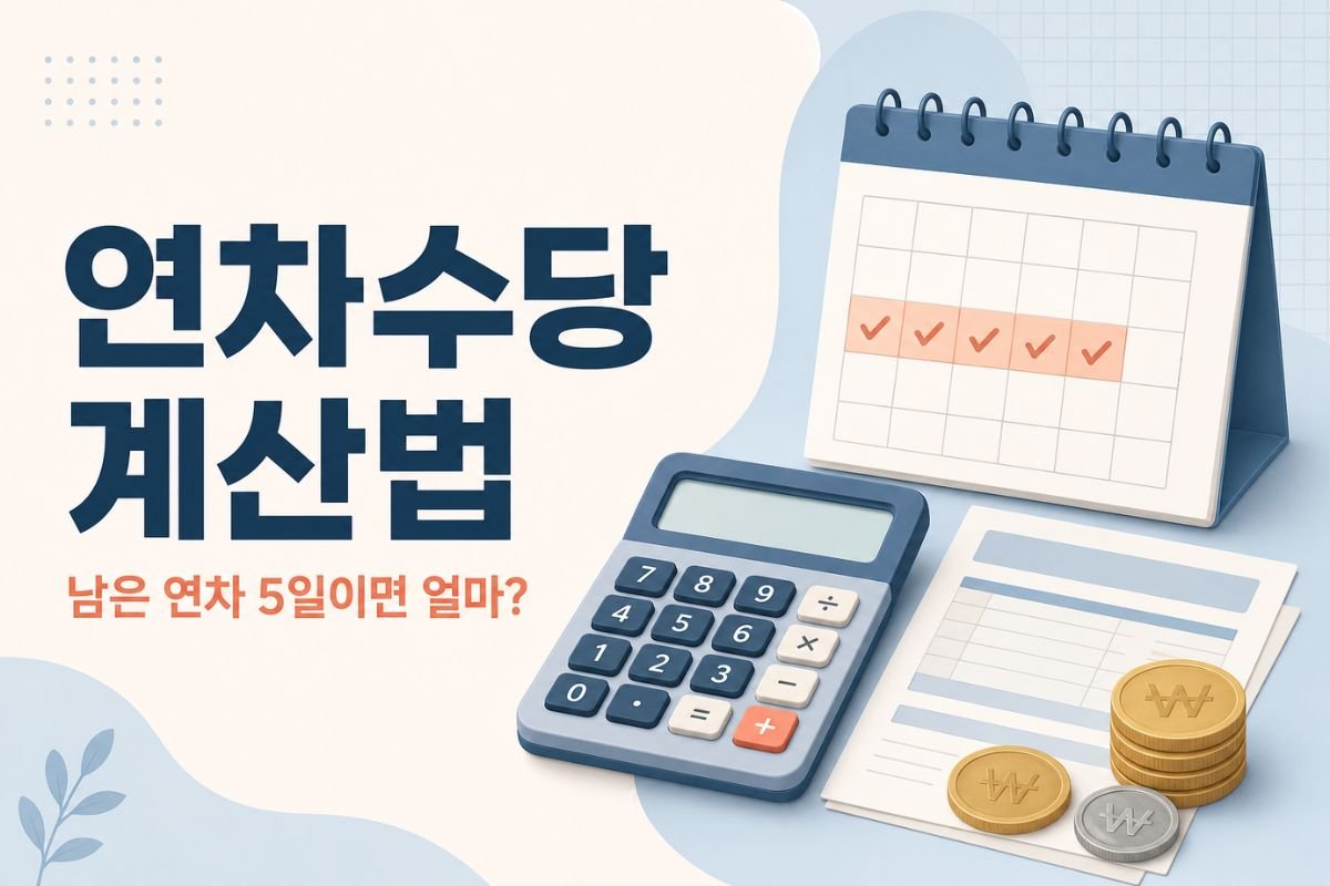 연차수당 계산법과 남은 연차 5일 예상 수당을 안내하는 이미지