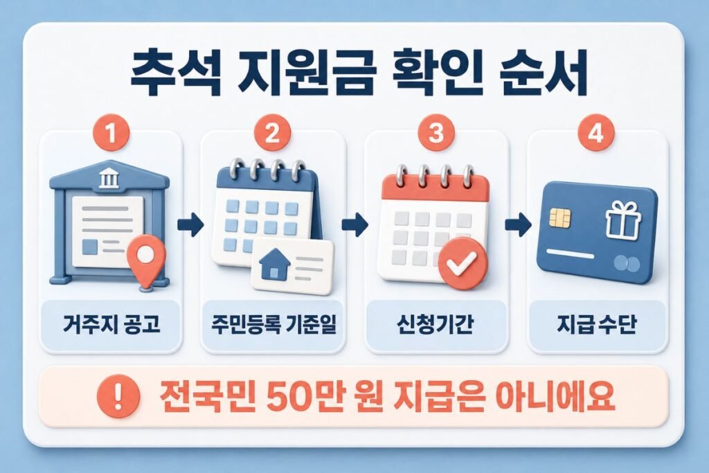 추석 지원금 50만 원 수령 대상 확인을 위한 거주지 공고, 주민등록 기준일, 신청기간, 지급수단 확인 순서