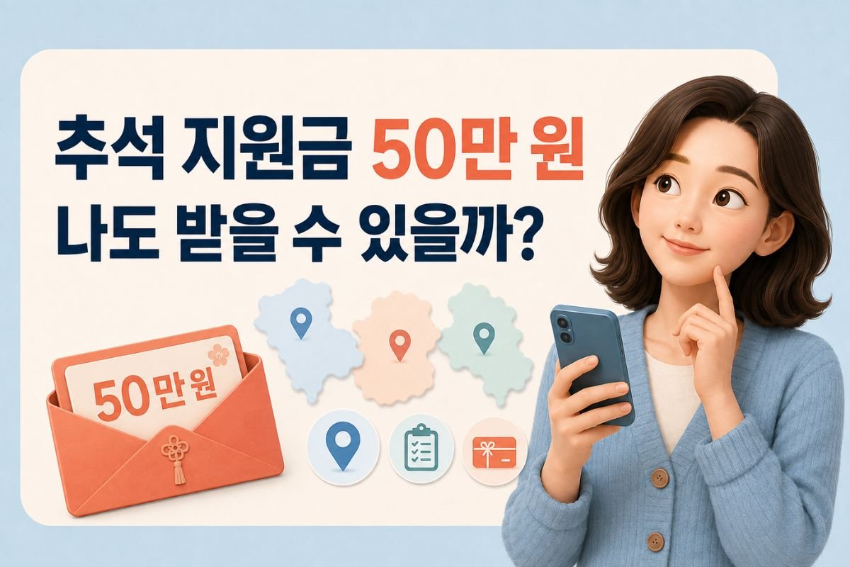 추석 지원금 50만 원 수령 대상과 지역별 확인 방법을 안내하는 이미지