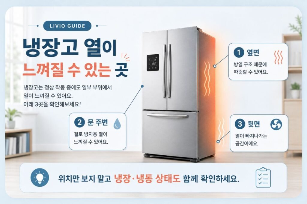 냉장고 뜨거움이 느껴질 수 있는 옆면, 문 주변, 뒷면 위치를 설명한 이미지