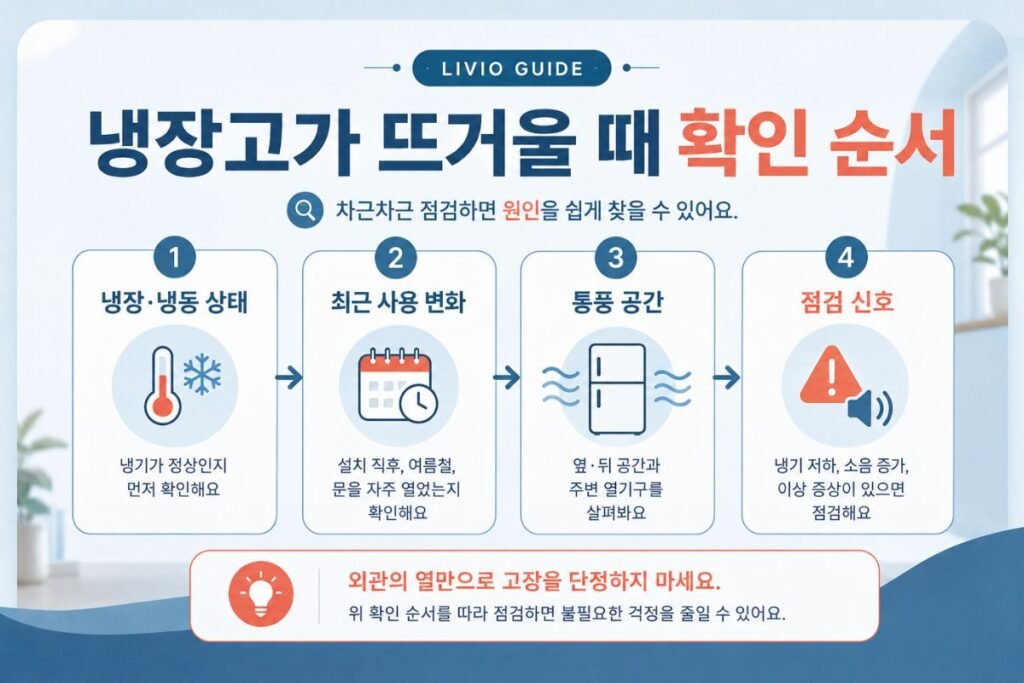냉장고 뜨거움이 있을 때 냉장·냉동 상태, 최근 사용 변화, 통풍 공간, 점검 신호를 확인하는 순서 이미지