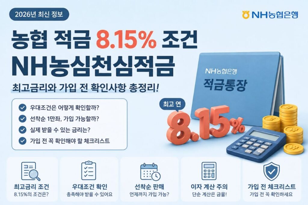농협 적금 8.15% 조건과 NH농심천심적금 가입 전 확인사항을 정리한 이미지
