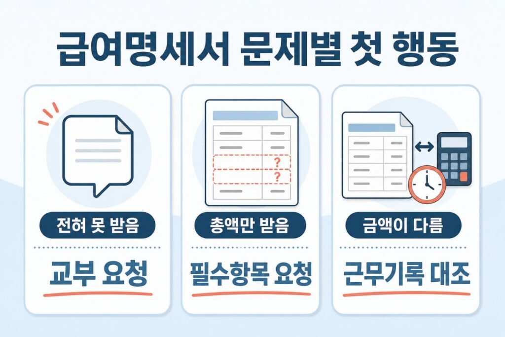 급여명세서 미교부 상황별 교부 요청, 필수항목 요청, 근무기록 대조 방법