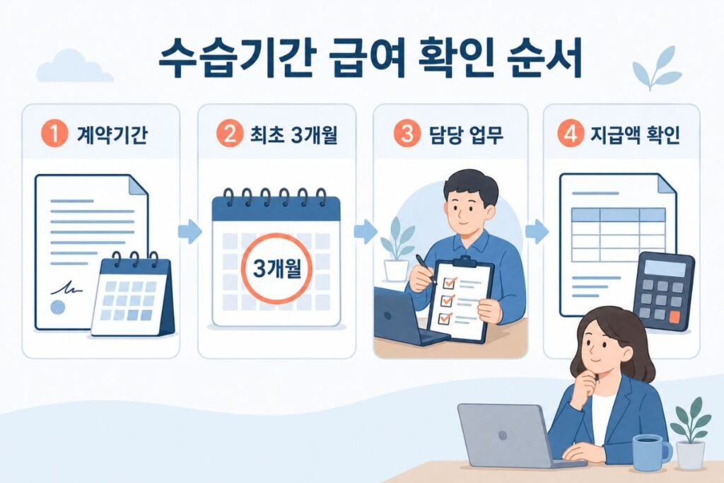 수습기간 급여 확인을 위한 계약기간, 최초 3개월, 담당 업무, 지급액 확인 순서