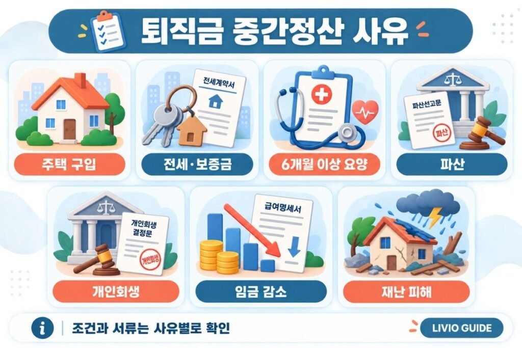 퇴직금 중간정산 사유인 주택 구입, 전세 보증금, 요양, 파산, 개인회생, 임금 감소, 재난 피해 안내