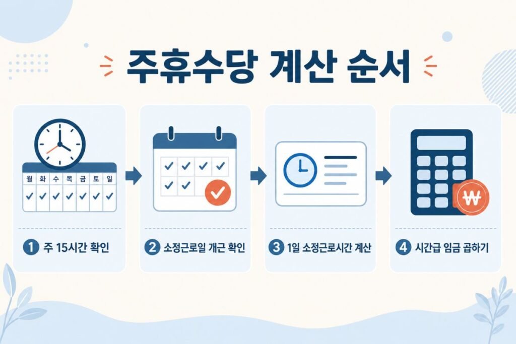 주휴수당 계산법 4단계, 주 15시간과 소정근로일 개근 여부를 확인한 뒤 1일 소정근로시간에 시간급 임금을 곱하는 순서